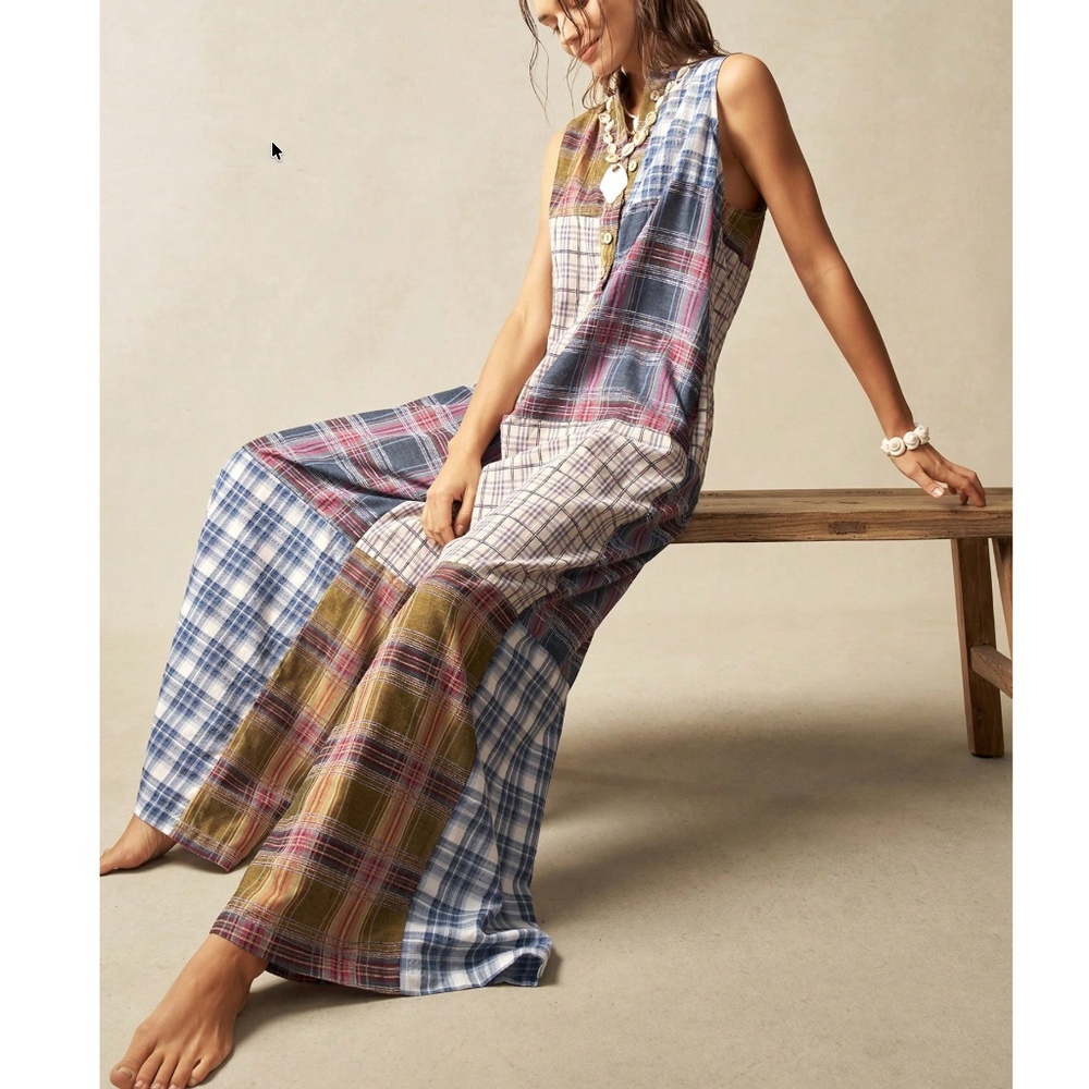 Plus Plaid Print Half Button Sleeveless Wide leg Jumper Jumpsuit - Picture 2 of 6